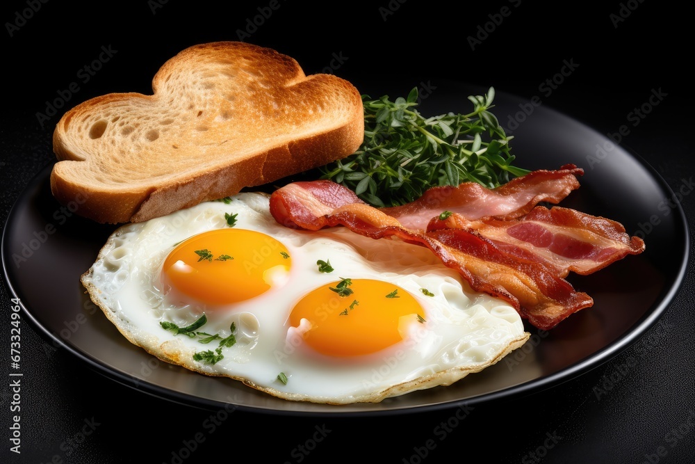 Isolated plate with fried eggs bacon and toasts