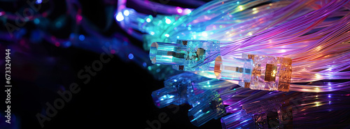 Colorful Abstract Close-up of Fiber Cables on a Black Background with copy space , banner