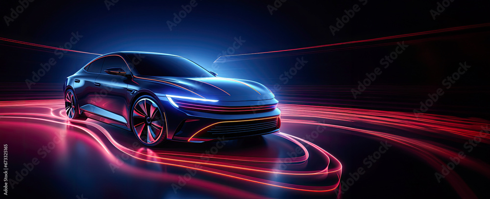 A dynamic photo of a red and blue neon-lit electric car, creating a vibrant futuristic banner on a dark backdrop