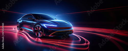 A dynamic photo of a red and blue neon-lit electric car, creating a vibrant futuristic banner on a dark backdrop © 18042011