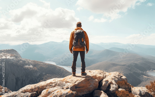Tourist man hiker on top of...