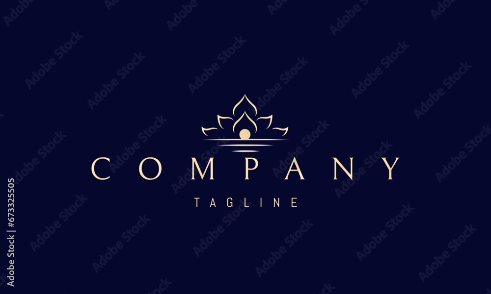 Fototapeta premium A vector golden logo with an abstract image of a sunset on the sea with light in the form of lotus petals.