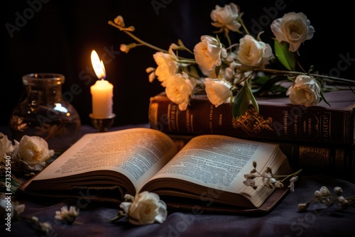 Lit candle and flowers on a book