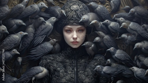 woman dressed in black with birds