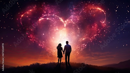 A heart-shaped firework exploding in the night sky  illustrating the special connection and commitment between a couple