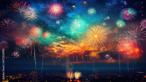 A vibrant burst of fireworks in various colors against the night sky, creating a dazzling display of light and color