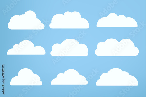 Set of Nine white clouds object used in cloud concepts, clouds element, clouds caroon style, in a flat design. White cloud collection