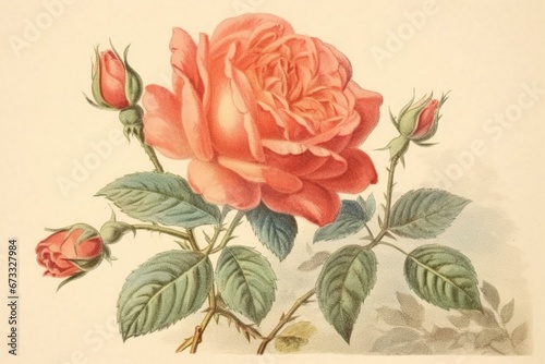 Vintage illustration of a rose. Created in the 19th century  depicting Rosa Persica. Generative AI