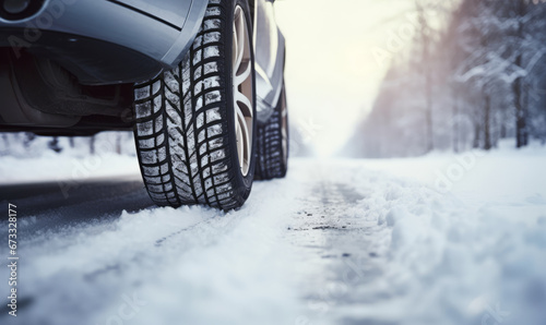 Low angle view of a car tire on a winter road covered in ice and snow. Winter travel background © ink drop
