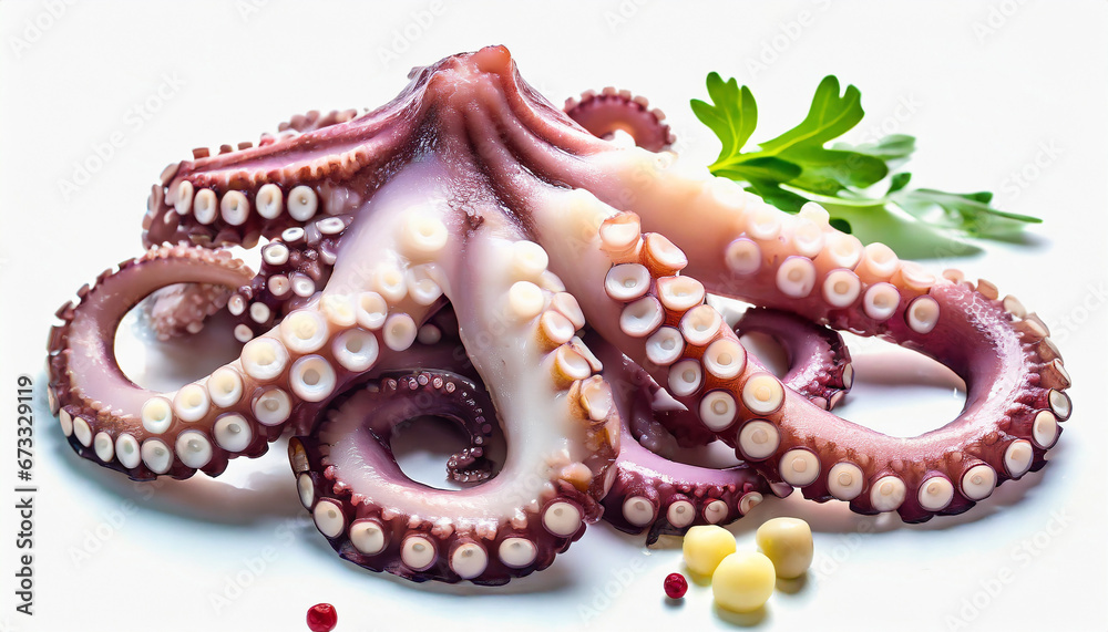 Tentacles of octopus isolated on white background closeup. Sea food