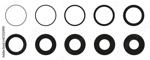 Circle set from thin to thick line, set of geometric shapes form, circle icons collection, different version - stock vector