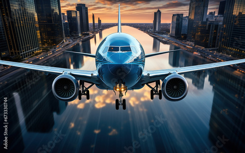 aereo  trasporto passeggeri che vola sopra un'architettura moderna , vista simmetrica, luci riflesse del tramonto sull'aeromobile, prospettiva insolita  photo