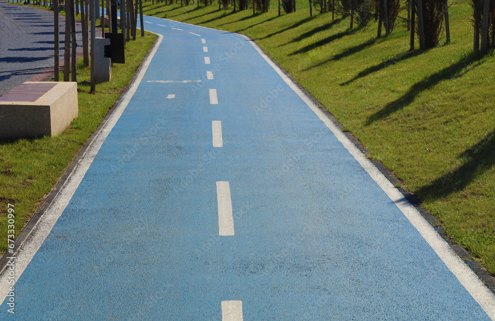Sign of bicycle on blue road. Concept traffic sign. Pathway and trees track for running or walking and cycling relax in park on green grass field. Alley with trees above  path, walking area, road sign