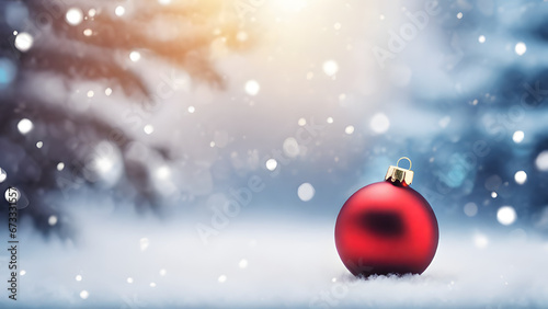 Beautiful christmas ball on snow with blurred christmas tree background, copy space