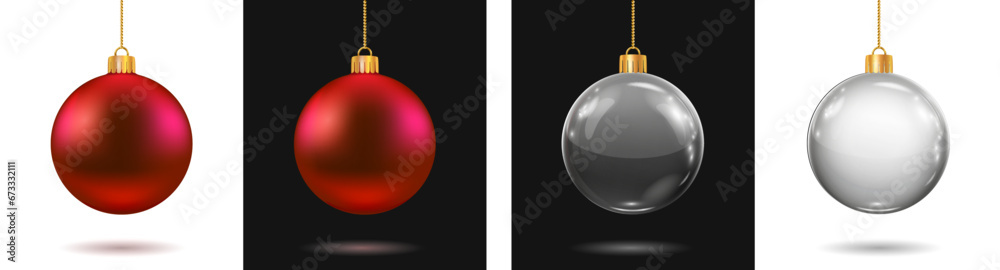 Red and glass Christmas balls. New year toy decoration set - vector - obrazy, fototapety, plakaty 
