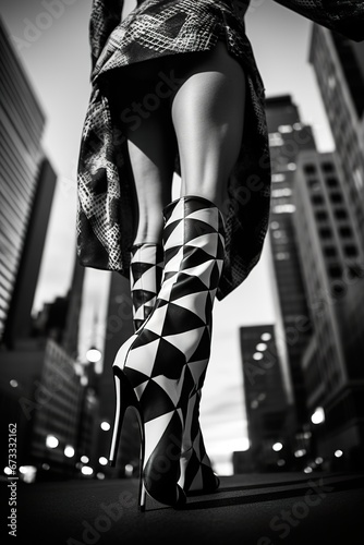 Photographie artistique noir et blanc d'une femme avec des bottes en contreplongée en ville. Artistic black and white photograph of a woman with boots from a low angle in the city. photo