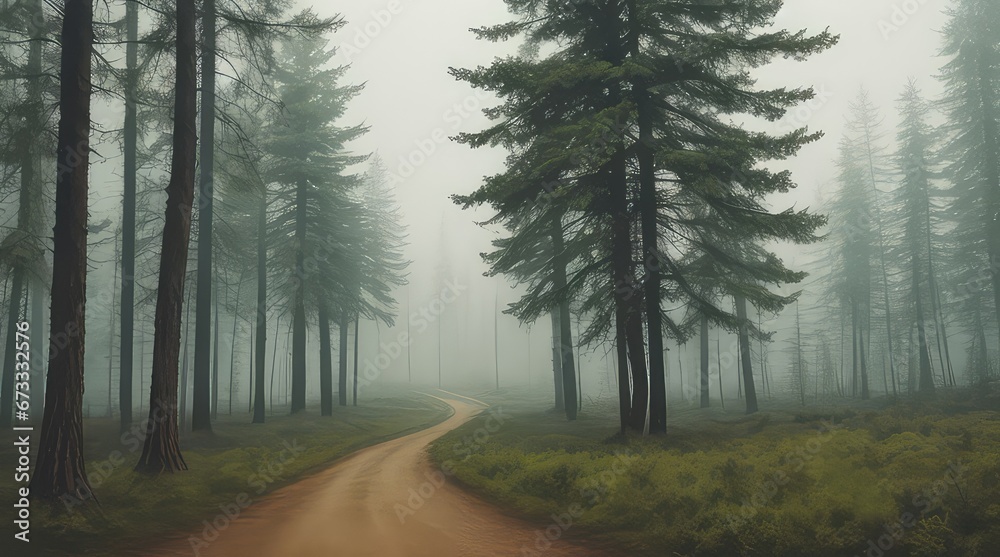 Eerie and Mysterious Forest with a Brown Dirt Road Eerie and Mysterious Forest with a Brown Dirt Road