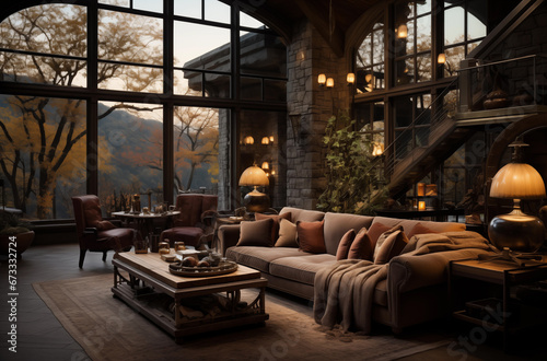 Beautiful forest villa hall interior