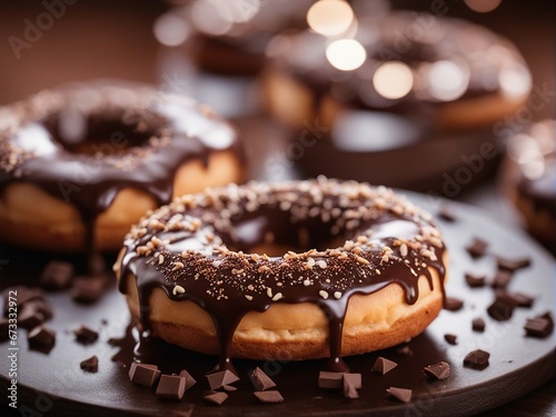 close up view of chocolate donut at bakery, blurry background

