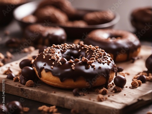 close-up of delicious looking chocolate donut with a decorative blurry light background