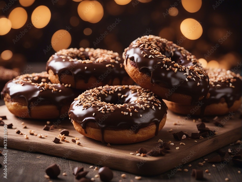 close-up of delicious looking chocolate donut with a decorative blurry light background
close-up of delicious looking chocolate donut with a decorative blurry light background