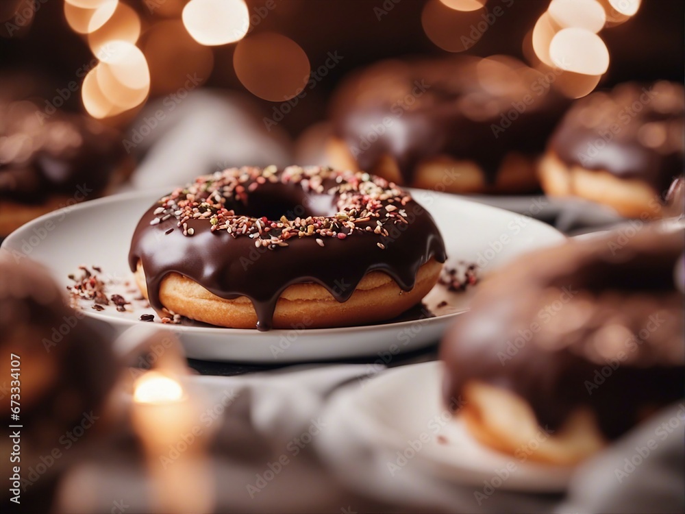 close-up of delicious looking chocolate donut with a decorative blurry light background
close-up of delicious looking chocolate donut with a decorative blurry light background