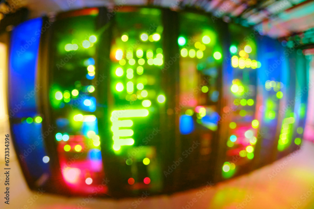 Blurred abstract background of bokeh server lamps. AI intelligence system in the server room is constantly evolving.