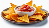 Nachos Mexican corn chips with salsa sauce isolated on white background.