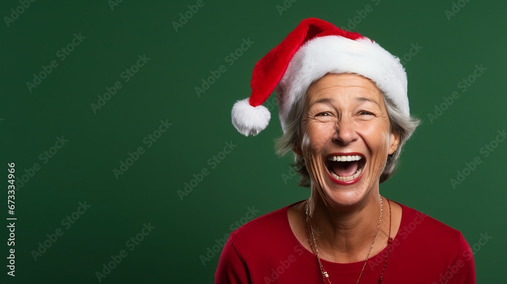 Happy laughing mature woman wearing a santa hat Happy laughing mature woman wearing a santa hat