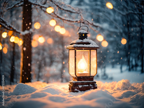 Christmas card: winter snowy forest in the lights of garlands. A glowing vintage lantern stands on the snow in the middle of the forest