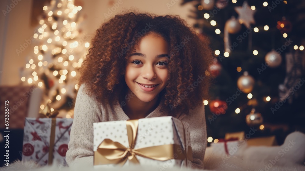 happy teen female unpacking Christmas gift happy teen female unpacking Christmas gift