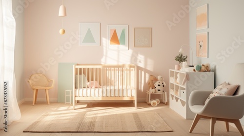 Nursery room featuring a white crib soft pastel wall