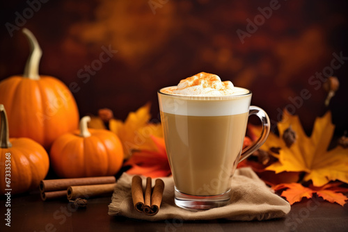 Spice pumpkin latte with yellow autumn leaves and pumpkins on background. Fall cozy mood