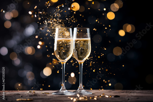 two champagne flutes on a black background with golden bokeh lights and sparkles