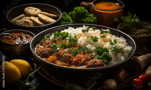 stew with meat and vegetables and rice