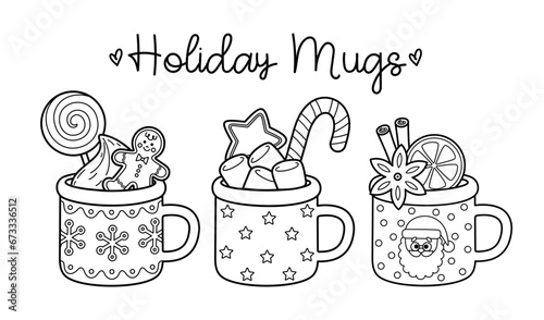 Outline cartoon Christmas cocoa mugs for holiday design. Xmas coffee cups with candy, gingerbread, cinnamon, marshmallow. Vector contour illustrations of New Year drinks perfect for coloring page.