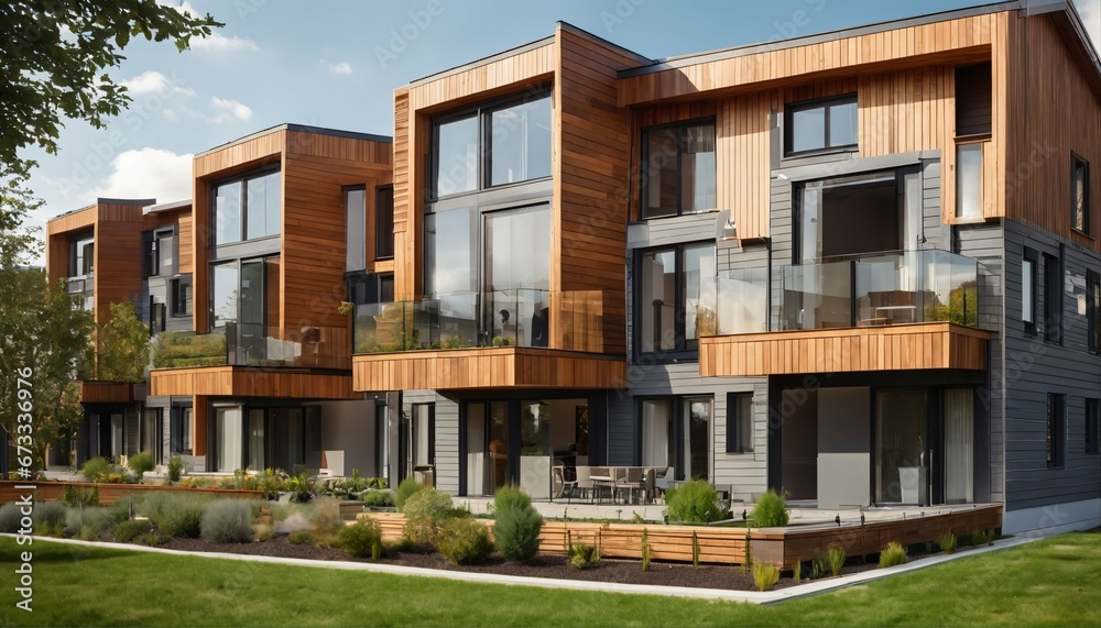 Fototapeta premium Modern multifamily homes: Eco-friendly design featuring photovoltaic cells