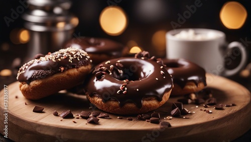 delicious chocolate donut, blurry background 