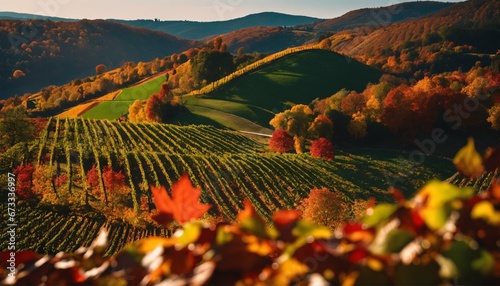 Fallen colored leaves in autumn: Hillside vineyard’s seasonal beauty