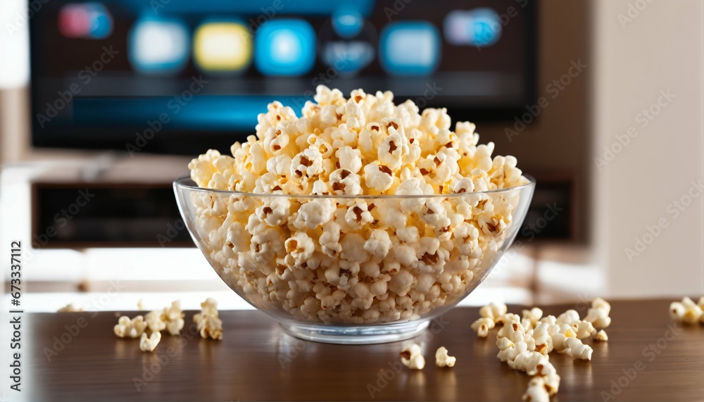 Home interior with a glass bowl of popcorn and remote control in front of the TV. Background for watching TV shows and series, cable TV Home interior with a glass bowl of popcorn and remote control in front of the TV. Background for watching TV shows and series, cable TV