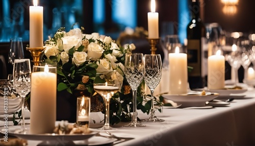 Elegant wedding decoration with wine glass and appetizers on a restaurant table in a soft light and romantic atmosphere