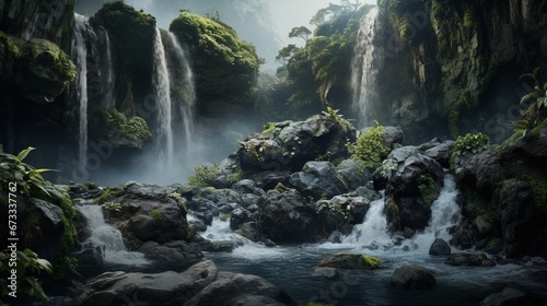 A cascading waterfall with plants clinging to the rocky surface, misted by the water spray.