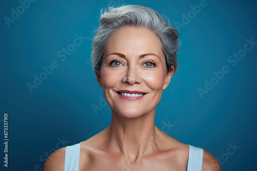 Happy and cheerful mature Caucasian woman with a radiant smile on a blue background, emitting natural beauty and positive energy.