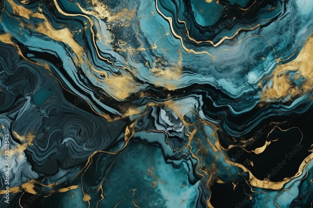 Abstract art with teal and black colors, featuring marble swirls and agate ripples. Luxurious natural wallpaper accented with gold powder. Generative AI