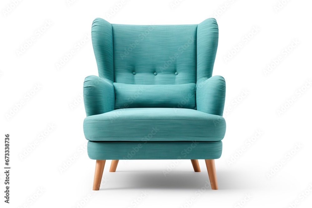 Classic three armchair and three color art deco style in turquoise velvet with wood legs isolated on white background