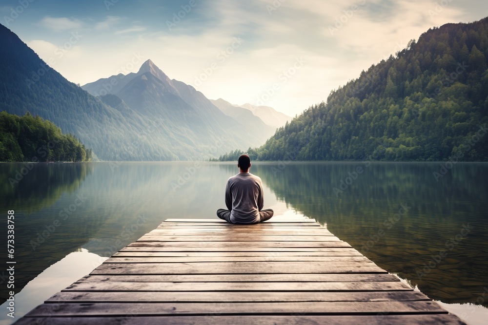 Man meditating on wooden pier near river, back view. Space for text - obrazy, fototapety, plakaty 