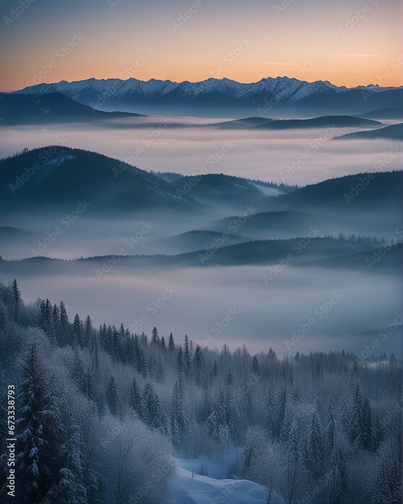foggy mountain layers before sunrise horizon, winter

