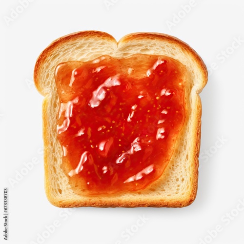 Aerial view of bright red strawberry preserves, spread over a slice of white bread.