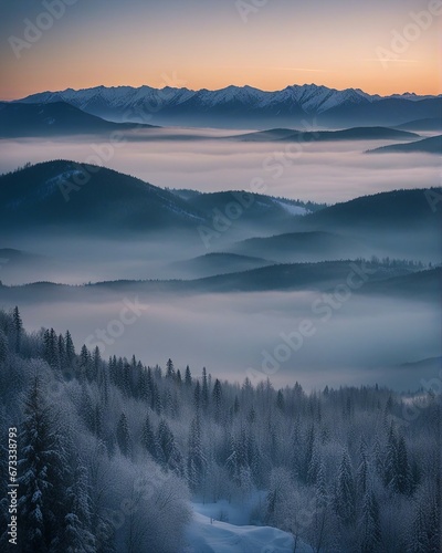 foggy mountain layers before sunrise horizon, winter© abu