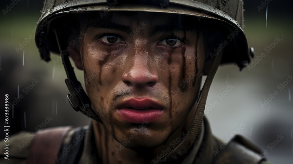 A tight shot of a soldier in combat attire, donning a helmet, with a perspiration-soaked, mud-streaked face during a training exercise. A tight shot of a soldier in combat attire, donning a helmet, with a perspiration-soaked, mud-streaked face during a training exercise.